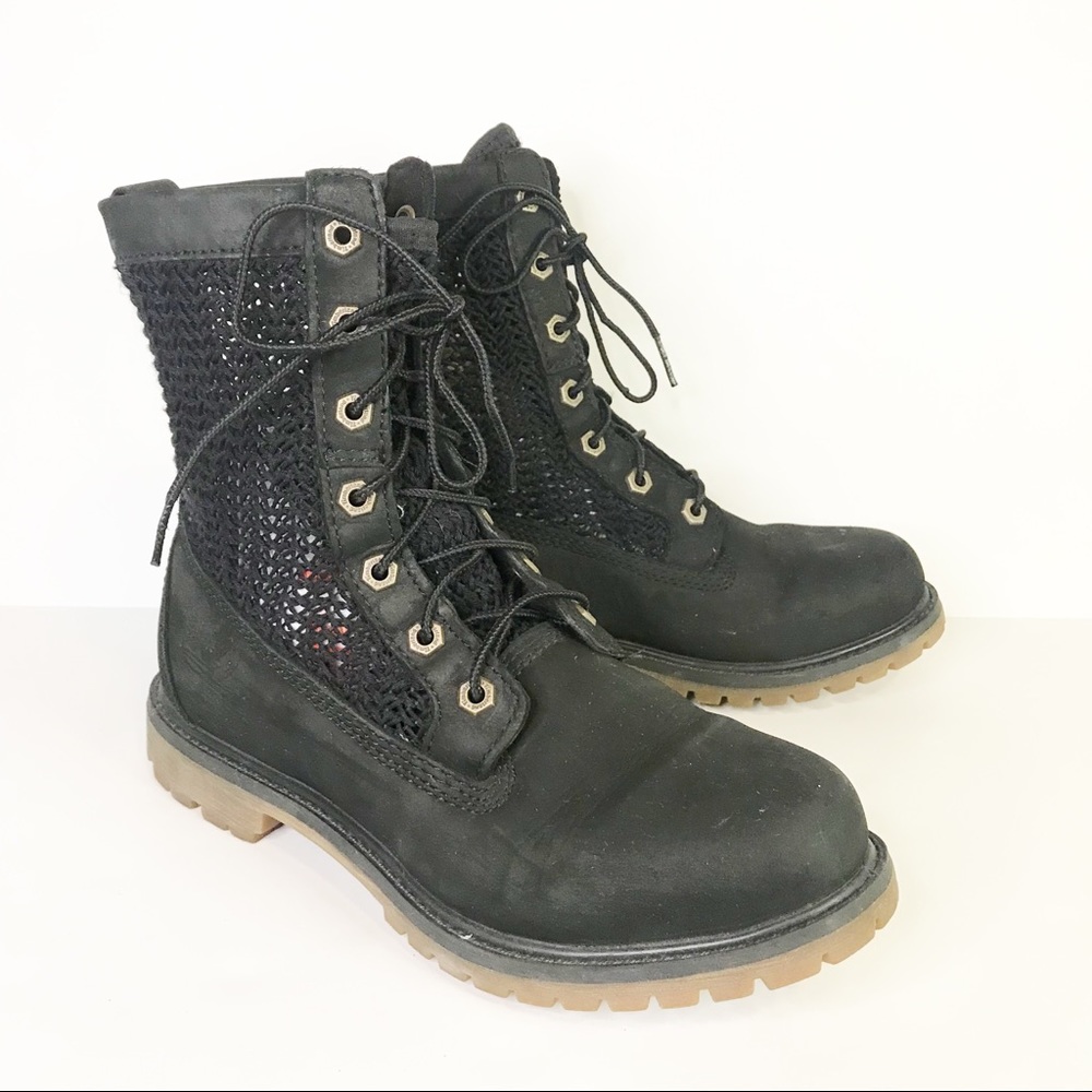 Timberland Black Lace-Up Mesh Combat Boots with Tan Lug Outsoles